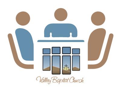silhouette of 3 people sitting around a table with Valley Baptist Church logo