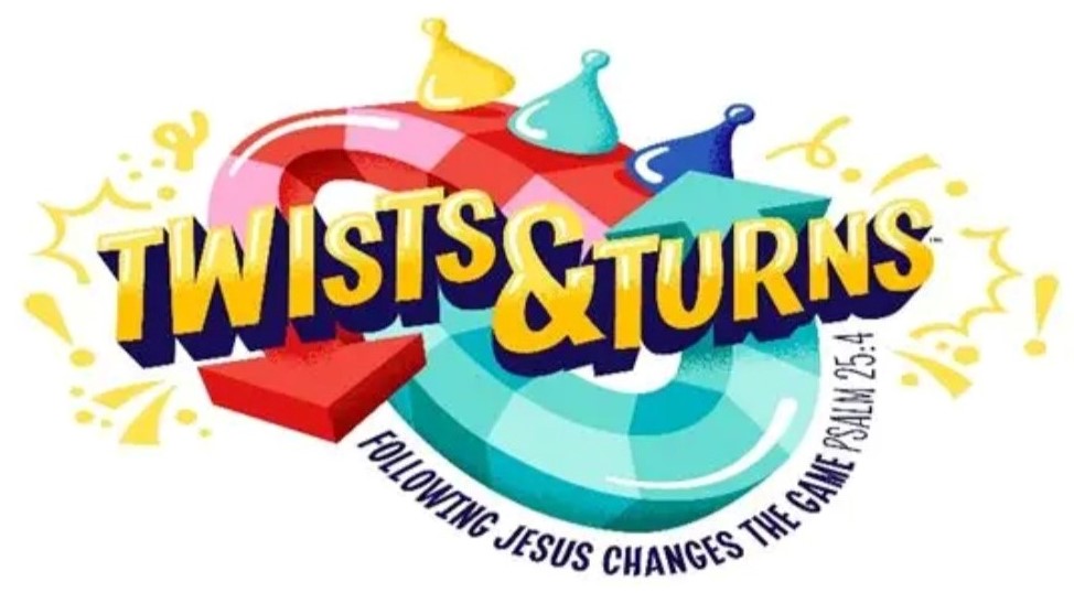 Vacation Bible school flyer with the words TWISTS and TURNS